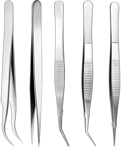5 Pcs Pince de Precision, Pinces de Précision en Acier Inoxydable, Pincettes Pointes Rondes et Incurvées, Pince Modelisme Maquette Miniature, Pince à Epiler pour DIY Cuisine Couture(5 Longueurs)