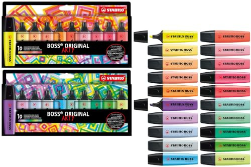 STABILO BOSS ORIGINAL Highlighters - Pack of 20 - With 12 Pastel & 8 Neon Assorted Colours