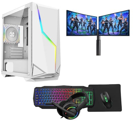Gaming PC – Intel Core i5, GT710 2GB Graphics, 16GB RAM, 128GB SSD + 1TB HDD, Windows 11 Pro, Dual 22 Monitors, Keyboard, Mouse, Headset – Gaming PC Bundle (Luna White)