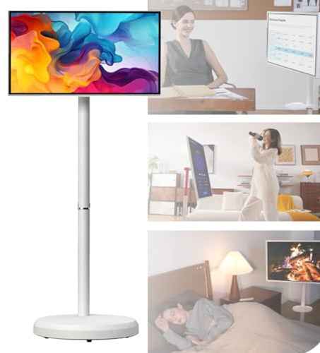 Smart TV portatile FHD con Android 14, batteria integrata, ruote e telecomando per intrattenimento mobile