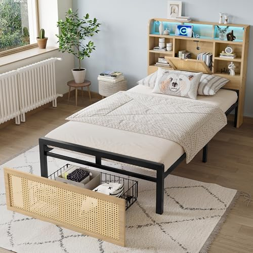 RIAZOS 3ft Wooden Double Bed 90x190cm, with Charging Port and LED Strip Light, Storage Compartments in the Headboard, PE Rattan-Style Drawer with Wheels, MDF+iron, Wood Colour