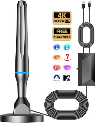 Antena TV Interior, Antena TDT para Smart TV, Antena TV Portatil con Amplificador y Base Magnética, 80KM+ Recepción de Larga Distancia, Compatible con 1080P DVB-T2 DVB-T TDT