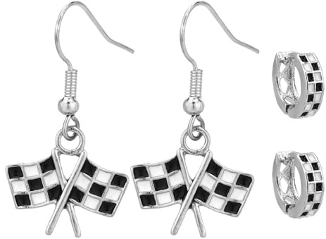 Mikovivi 2 Paar Karierte Ohrringe, 2 Designs Schwarz-Weiß Ohrringe mit Karierter Flagge und Creolenanhänger Vintage-Schmuckaccessoires Rennsport-Anhänger für Damen Geschenk für Rennfahrer und Fans