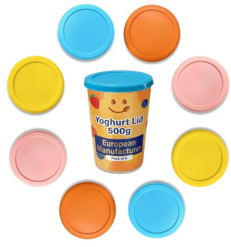 XILMARK JoghurtDeckel 500g, Wiederverwendbarer Deckel Joghurtbecher, Dosendeckel Wiederverwendbar Silikondeckel Joghurt 500 G, Joghurt Kunststoff-Deckel, Joghurt Mehrwegfrischedeckel (8 MIT TASHEN)