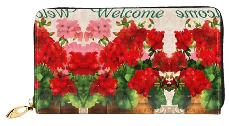 hhxvcv Red Geraniums Print Leather Wallet for Women – Long Clutch & Thin Bifold Checkbook Wallet, Lightweight & Fashion