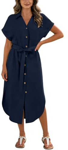 Generisch Blusenkleid Damen Lang, Sommerkleid Damen Lang Kurzarm V-Ausschnitt Blusenkleid Button Down Baumwolle Hemdblusenkleid Lässig Hemdkleid mit Gürtel und Tasche Leinenkleider