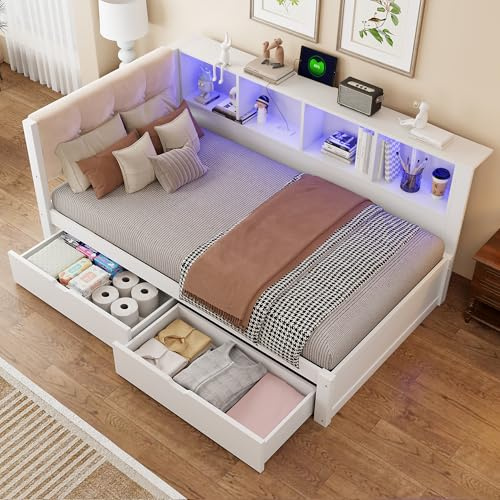 Xwiny Schlafsofa 90 x 200 cm mit Schubladen, Tagesbett mit Dimmbarer LED-Leiste und USB-Anschluss, Praktischem Regal, Kiefernholz, Weiß (Ohne Matratze)