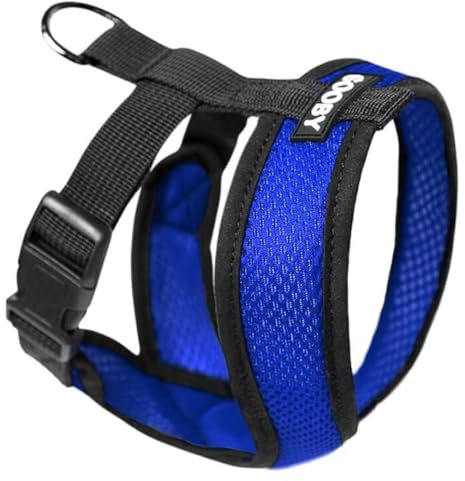 Gooby Comfort X Hundegeschirr zum Ziehen über den Kopf, kein Ziehen, erstickungsfreier X-Rahmen, für unterwegs, für mittelgroße, kleine Hunde, für Innen- und Außenbereich, Blau, Größe M