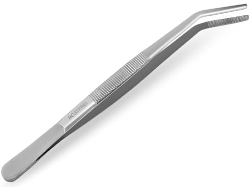 InstrumenteNrw Küchenzange Edelstahl Grillzange gebogen Kochzange Pinzette | Kochpinzette zum präzisen Fassen und Wenden von Grillgut 25 cm