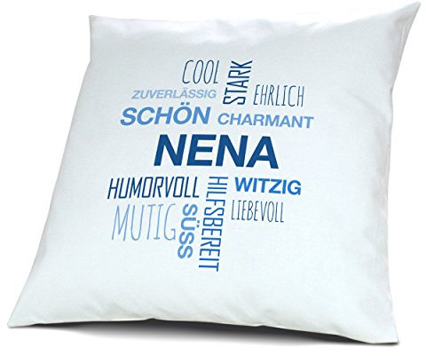 printplanet Kopfkissen mit Namen Nena - Motiv Positive Eigenschaften Tagcloud Blau, 40 cm, 100% Baumwolle, Kuschelkissen, Liebeskissen, Namenskissen, Geschenkidee