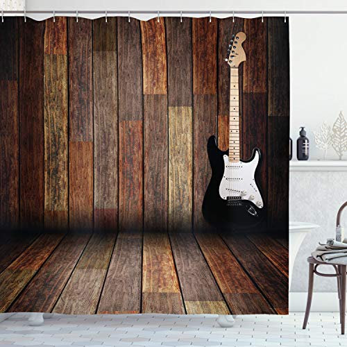 ABAKUHAUS Gitarre Duschvorhang, Gitarre Holz Zimmer, Stoffliches Gewebe Badezimmerdekorationsset mit Haken, 175 x 200 cm, Braun Schwarz Weiß