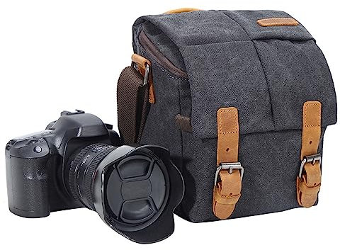 YUHAN Camera Bag, Vintage Canvas Camera Shoulder Bag Waterproof Leather Trim DSLR SLR Shockproof Camera Messenger Bag Black