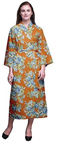 Bimba Orange Blumen- Blätter & Begonie Baumwolle Robe Frauen Lange Brautjungfer Immer bereit Hemd Kleider gedruckt Kimono Robe Baumwolle X