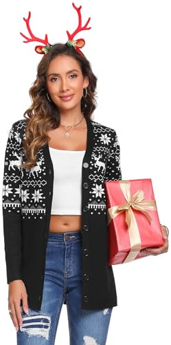 iClosam Gilet Noel Femme en Tricot Cardigan Femme Chic avec Bouton Chandail Manches Longues Élégante Veste, Noir/Blanc, M