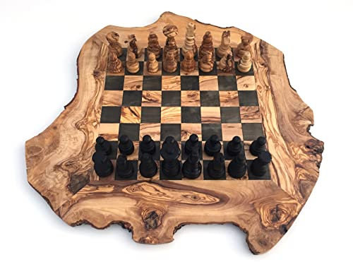 Generisch Schachspiel rustikal, Schachbrett Gr. XL inkl. Schachfiguren, Olivenholz, Handarbeit - 2 Spieler, Alter 12+