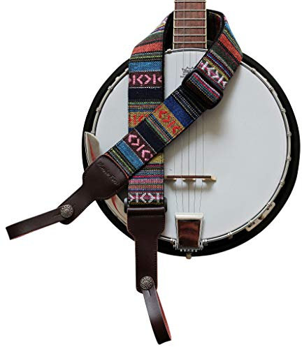 MUSIC FIRST Original Design, 2 inch width (5cm), Classic Country Style Soft Cotton & Genuine Leather Delux Banjo Strap, With 2 pieces of MUSIC FIRST Leather Strap Locker. (Classic Country Style)
