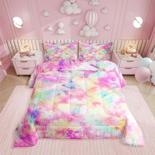 Erosebridal Kids Tie Dye Comforter Set, Bohemian Batik Down Comforter Full Size, Boho Psychedelic Bedding Comforters for Children Girls Boys Teens Bedroom, Trippy Tattoo Watercolor Quilted Duvet