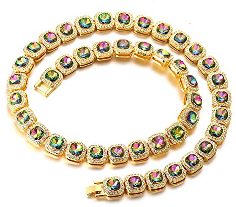 Halukakah Bündel Diamant Tenniskette für Männer,18 Karat Echt Vergoldet Quadratischer Mehrfarbiger Diamant Halskette 50cm,Zinken-Set Labordiamanten,mit KOSTENLOSER Geschenkbox