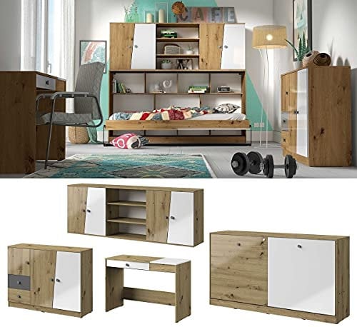 QMM Jugendzimmer Kinderzimmer komplett Neo Set C Kommode Schreibtisch Schrankbett horizontal Aufsatz Farbauswahl (Grau Matt)