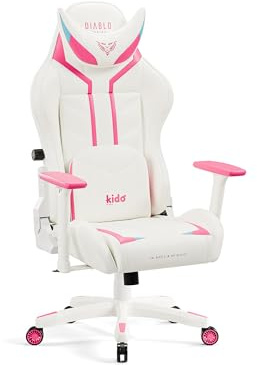 Diablo X-Ray Gaming Stuhl für Kinder Bürostuhl Schreibtischstuhl 3D Armlehnen Ergonomisches Design HQ Kunstleder Perforation Wippfunktion Pink-Weiß Kids (S)