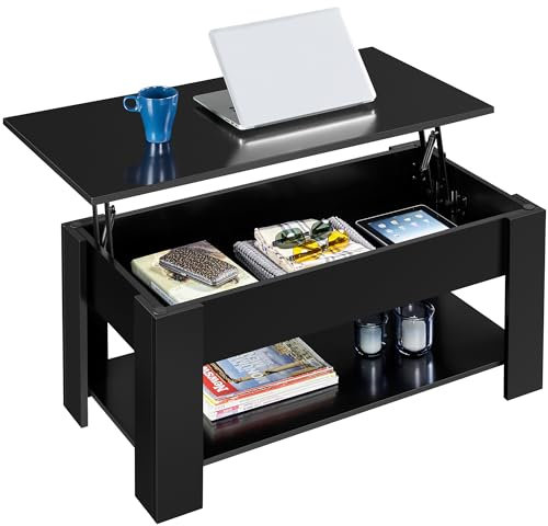 Yaheetech Table Basse avec Plateau Relevable en Pin Compartiment Caché Table de Salon Moderne Revêtement Laqué 98 x 50 x 42 cm Noir