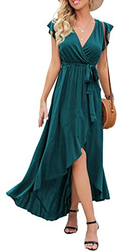 GRECERELLE Womens Summer Maxi Dress Boho Floral Cocktail Polka Dot Wrap Dresses V Neck Casual Party Bohemian Flowy Long Dress for Ladies (Dark Green, S)