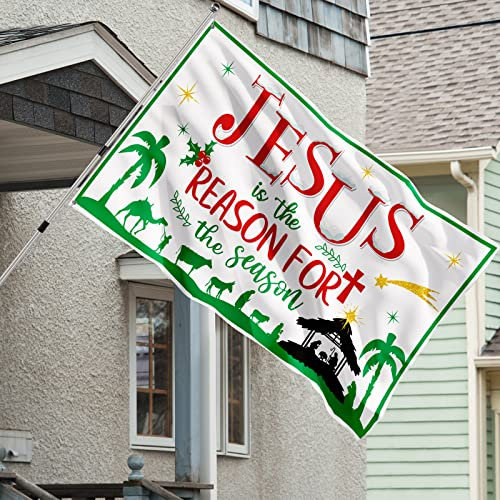 Jesus is The Reason for The Season Flaggen Weihnachtskrippe Outdoor Flagge Dekoration Xmas Religiöse Krippe Gartenflagge Banner für Zuhause Hof Veranda Indoor Outdoor Flagge Dekor 90 x 150 cm