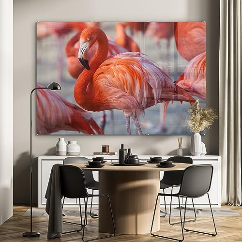 MuchoWow Glasbild Glasfoto Wandbild Bilder Deko 150x100 cm Flamingo - Vogel - Tiere - Rosa