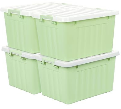 Cetomo 15L*4 Storage Boxes with Lids, Plastic Storage Bins with Latching Buckles, Click Closure, Stackable, Nesting, Organizer for Home Office Clothes, Green, 15L-4 Pack