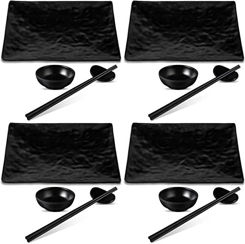 Didaey Set di 16 piatti per sushi, 4 piatti per sushi in stile giapponese, 4 ciotole per salsa di soia, 4 paia di bacchette e 4 supporti per bacchette, set da tavola per sushi