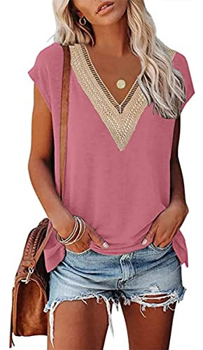GRMLRPT Chemise Femme D'Été Élégant Chemisiers Découpes Col en V Manches Courtes Casual T-Shirt Mode Épaules Dénudées Shirt Blouse Couleur Unie Ample Casual Hauts Tops Tunique(Rose,L)