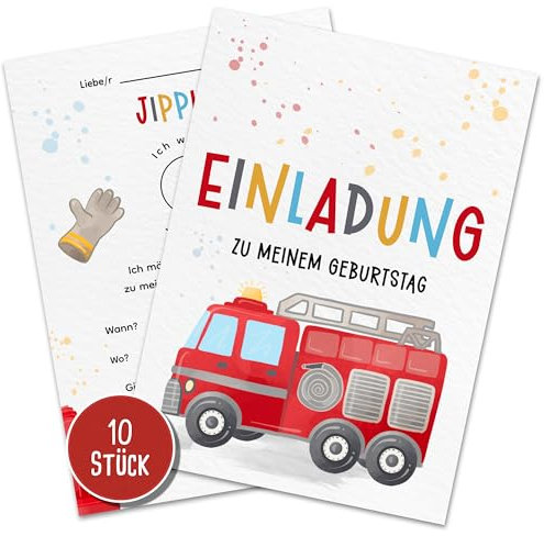 10er-Set Feuerwehr Einladungskarten Kindergeburtstag | DIN A6 | Handgemacht | Partyeinladungen | Party | Geburtstagsparty | Einladungen für Kinder, Jungs und Mädchen