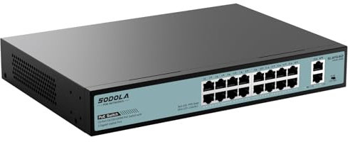 SODOLA 16-Port Gigabit PoE Switch mit 2 Uplink Gigabit Ports, 18-Port Unmanaged Ethernet PoE Switch mit 400W Leistung,Unterstützung von IEEE802.3af/at, VLAN,Wand- oder Rackmontage, Plug & Play