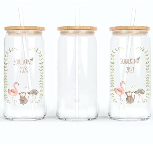 online-hut - Trinkglas - Longdrink Glas - Becher aus Glas inkl. Deckel und Strohhalm - für Schulkinder mit Flamingo - KB-08 (Transparent)