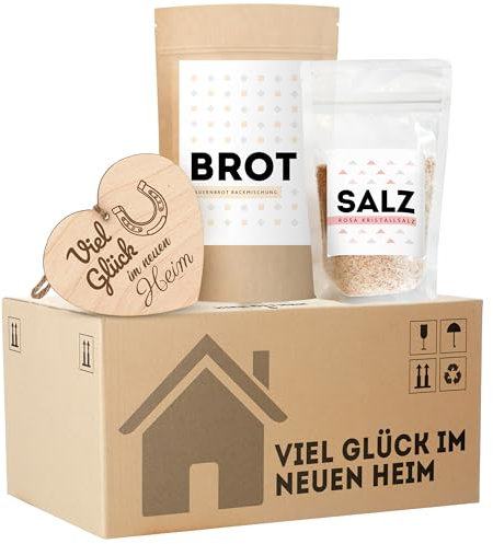 Einweihungsgeschenk für Wohnung und Haus, originelles Brot und Salz Geschenk zum Einzug im mini Umzugskarton, tolles Einzugsgeschenk für Haus und Wohnung, mit Holzherz