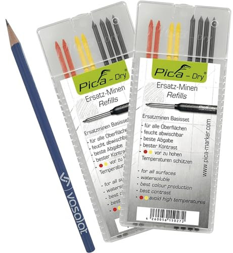Pica Dry Minen Set - 16 Stück Tieflochmarker Ersatzminen für alle Oberflächen in graphit/rot/gelb