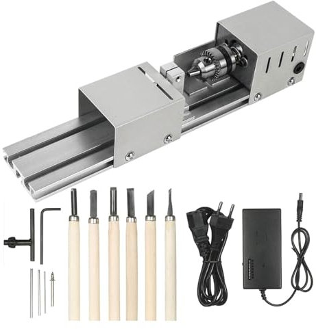 Mini Tornio Utensile 12V-24VDC 96W Mini Tornio Perline Lucidatrice Tornio per Legno Tornio da Banco Tornio per Legno con 6 Scalpelli, Cerniera CNC Fai da Te per la Lavorazione del Legno
