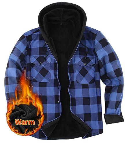 Iris Sprite Hemdjacke Herren Mit Kapuze Kariert Wattiert Holzfällerhemd Frühling und Herbst Thermohemd (Blau, M)