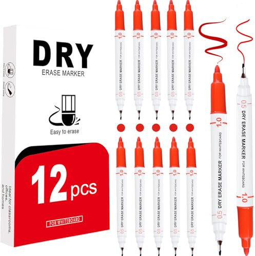 EFNHJF5 12 Stück Whiteboard Marker,whiteboard marker dünn 0.5 mm,Dual-Tip-whiteboard stifte Rot,folienstift abwischbar für Schule, Büro und Zuhause (Rot)