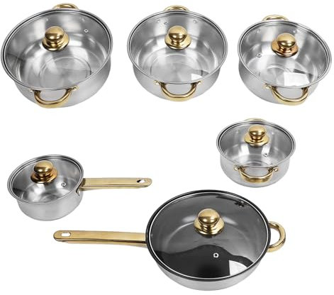 Cookware Set, Stainless Steel Cookware Set with Full Set of Pots and Pans, Stovetop Applicable, Elegant and Stylish for Most Kitchen Use (Gold Handle)