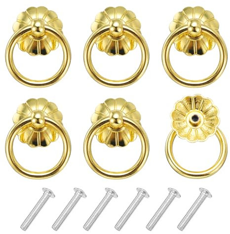 QUARKZMAN 6 Sets Vintage Drop Ring Knobs Retro Kommoden Griffe mit Schrauben aus Zinklegierung für Kommodenschubladen Möbel Schrank Gold Messing (39mm/1.5 lang)
