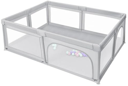 Laufstall Baby, Laufgitter Baby mit Spielmatte, 50 Bällen Laufstall Baby, Laufstall xxl, Laufgitter mit Atmungsaktivem Netz an Vier Seiten und Saugnäpfen-205 * 147 * 66 cm – hellgrau