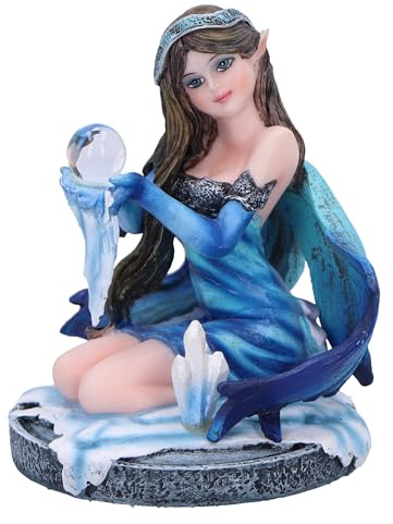 Nemesis Now Kristallfee Azura Figur, 8,5 cm, Fantasy-Geschenk | Harz, blaue Kristallfeenfigur, blaue Winter-Thema, kniende Fee mit Glaskugel, gegossen aus feinstem Kunstharz