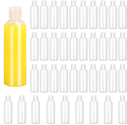 KUKLIPJIM Lot de 40 bouteilles en plastique de 200 ml avec bouchon supérieur blanc, bouteilles vides transparentes, contenants cosmétiques pour lotion et shampooing, bouteilles faciles à transporter,