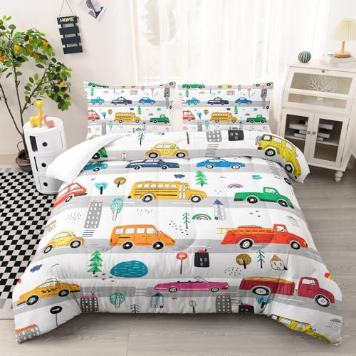 Ntlfup Cartoon-Auto-Bettwäsche-Set für Kinder, Bett in einer Tasche, Queen-Size-Größe, buntes Auto-Bettwäsche-Set für Jungen, Kinder, 1 Bettdecke und 2 Kissenbezüge