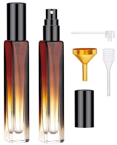 Segbeauty Empty Atomizer, 2pcs 10ML Travel Size Refill Bottle with Funnel and Dropper, Portable Glass Spray Bottle Cologne Dispenser Toiletries Sample Bottles Perfume Making Kit Amber