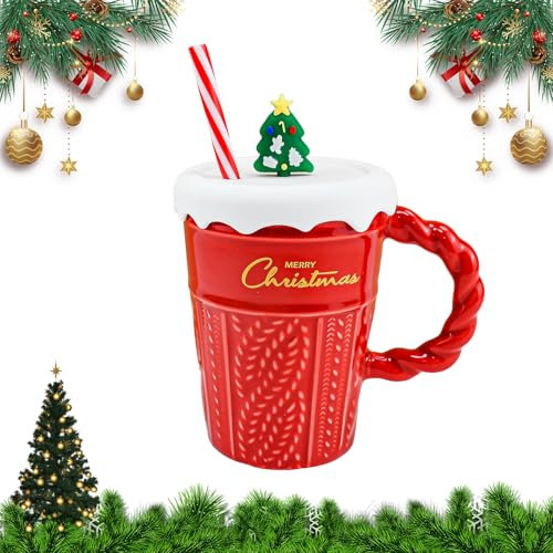 ADERTOS Tasse à Café de Noël en Céramique 400ML Tasse Kawaii pour Café Mug en Céramique de Noël 3D avec Couvercle et Paille Tasse de Noëls en Céramiques Tasses Mignonnes pour Cadeau de Noëls