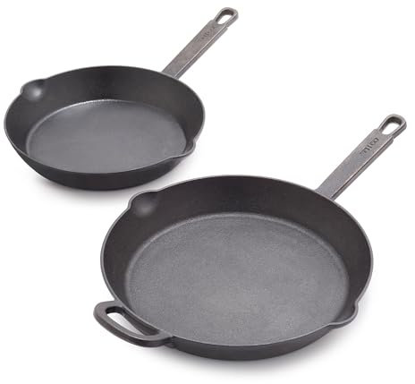 Greenpan x Bobby Flay - Juego de sartenes de hierro fundido presazonadas de 8 y 10 pulgadas, grado profesional, resistentes, boquillas de vertido, estufa versátil de inducción, horno, parrilla de