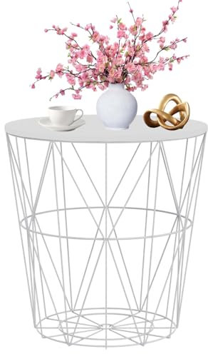 HOMION Round Metal Storage Basket Modern Side Table - Bedroom, Balcony, Corner, Tea, Bedside, Sofa, Hallway, Living Room (White with White Lid, Large)