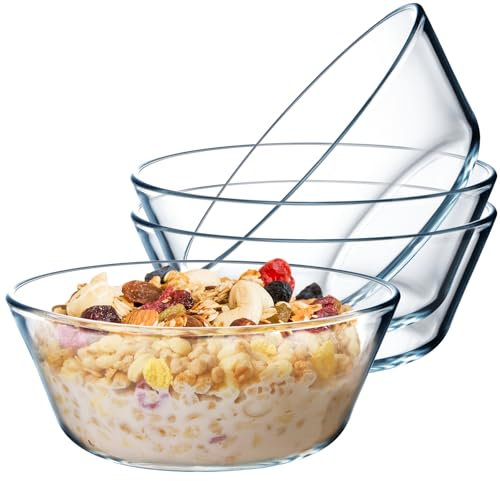 NUTRIUPS 800ml Flat Bottom Small Glass Bowls Set of 4, 6in Glass Cereal Bowls, Shallow Tempered Glass Bowl for Kitchen, Microwave and Oven Safe